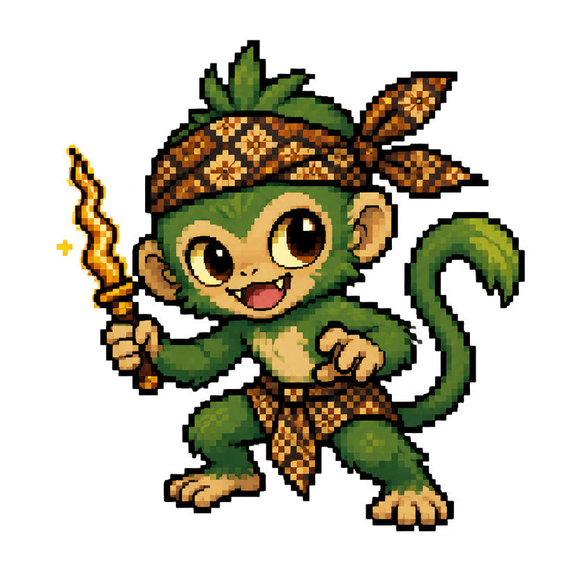 Sprite pixel art kera hijau pemegang keris berlilit batik